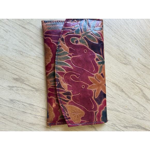 Hand Tooled Leather Wallet Elephants African Clutch Boho Eco Red Brown Handmade - Picture 7 of 9